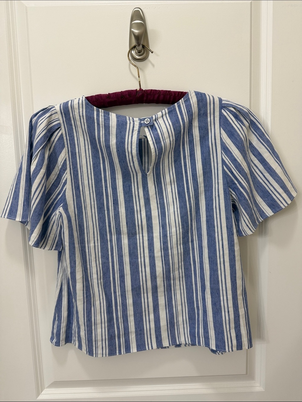 CAbi Blue and White Vertical Stripe Puff Sleeve Top - Picture 4 of 5